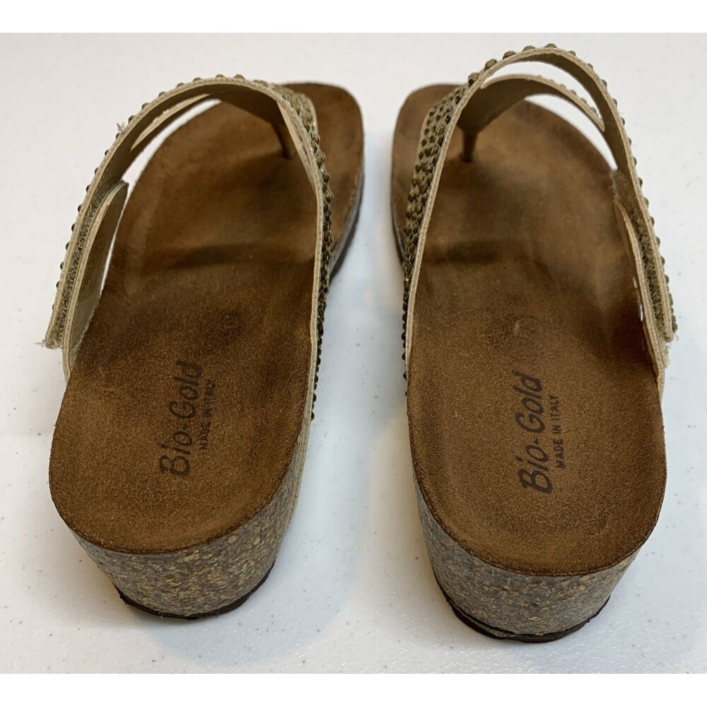 Bio-Gold Italian Wedge Sandals Womens 9 Gold Strappy Rhinestones Glitter Slip On - Picture 6 of 9